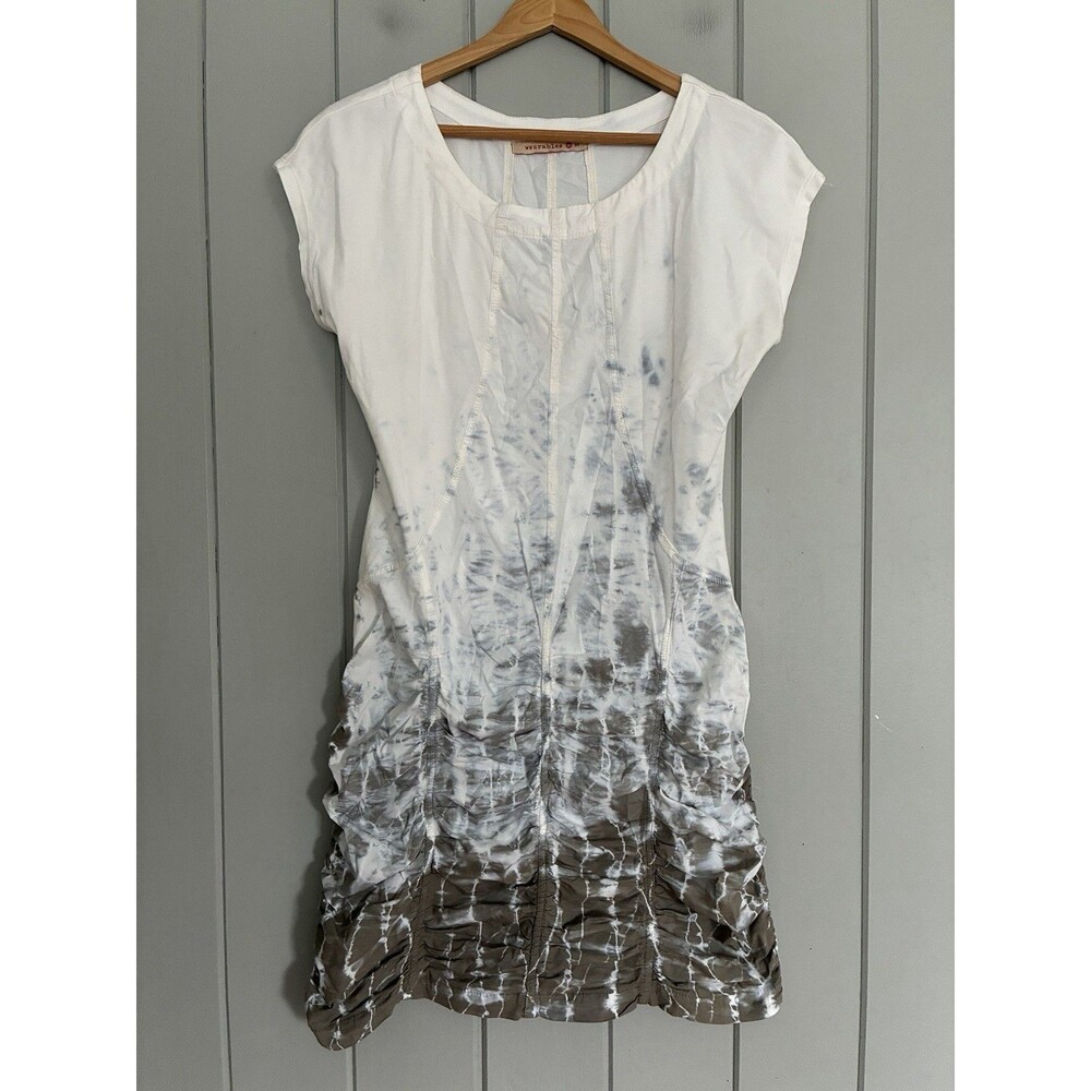 XCVI Wearables Aviana Dress S Small White Tie Dye Ruched Short Sleeves Wide Neck